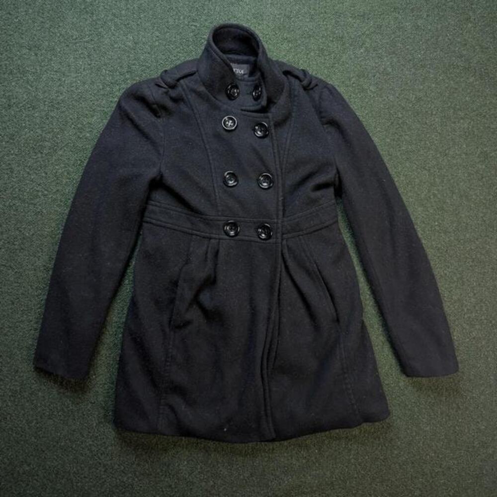 C'EST D Womens Double Breasted Peacoat Mandarin Collar Pleated Black S